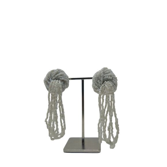 Vintage White Glass Beaded Dangle Knot Clip-On Earrings | 3.13" - Picture 4 of 6